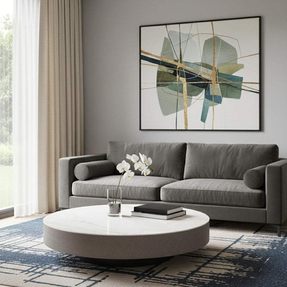 HomeRoots 39" Elegant Round Pedestal Coffee Table with White Ceramic Tile Top for Modern Living Spaces 714510