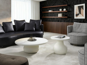 HomeRoots 51" Beige Marble Oval Pedestal Coffee Table - Elegant Centerpiece for Modern Living Spaces & Offices 714516