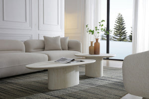 HomeRoots 55" Beige Genuine Marble Double Pedestal Coffee Table – Elegant Centerpiece for Modern Living Spaces 714517