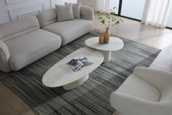 HomeRoots 55" Beige Genuine Marble Double Pedestal Coffee Table – Elegant Centerpiece for Modern Living Spaces 714517
