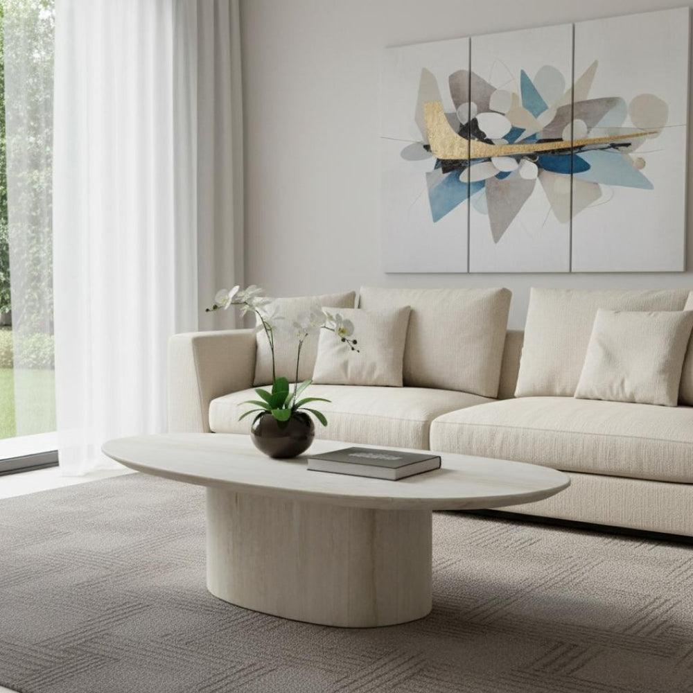 HomeRoots 55" Beige Genuine Marble Double Pedestal Coffee Table – Elegant Centerpiece for Modern Living Spaces 714517