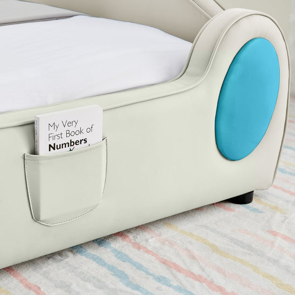 English Elm Twin Cloud Shaped Toddler Bed Upholstered Pu Leather with Guardrails and Storage Pocket Beige,Blue W1413S00187