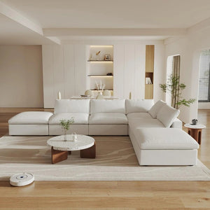 HomeRoots 160" White Linen Blend Modular Sofa with Ottoman, Storage & Flexible Layout for Modern Living 714554