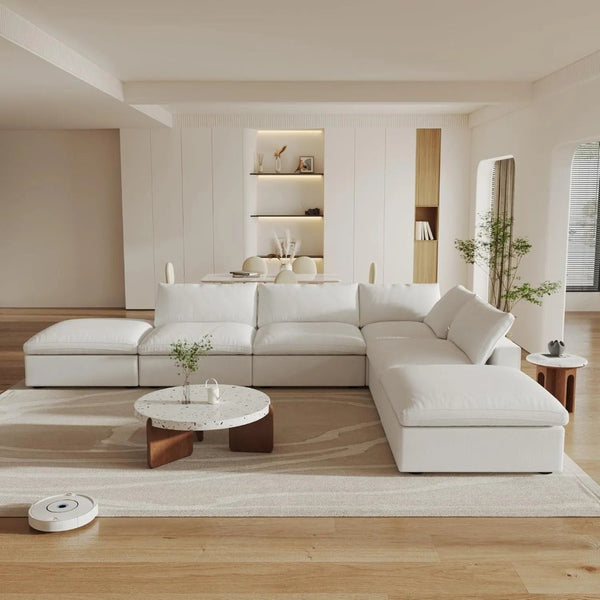 HomeRoots 160" White Linen Blend Modular Sofa with Ottoman, Storage & Flexible Layout for Modern Living 714554