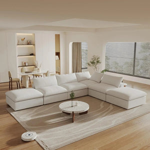 HomeRoots 160" White Linen Blend Modular Sofa with Ottoman, Storage & Flexible Layout for Modern Living 714554