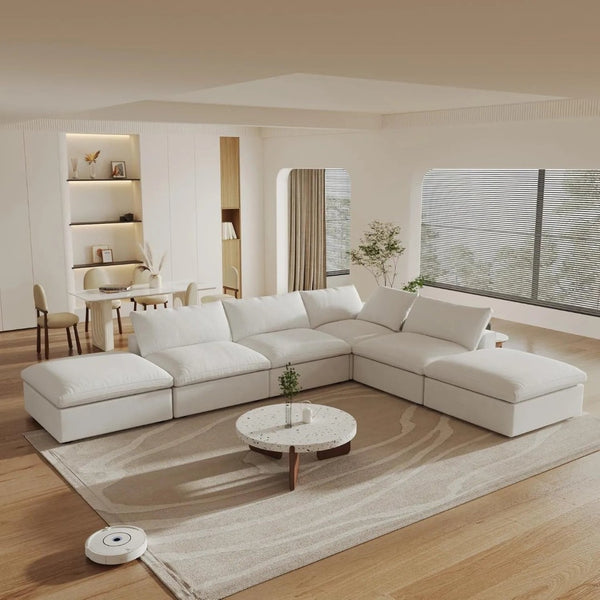 HomeRoots 160" White Linen Blend Modular Sofa with Ottoman, Storage & Flexible Layout for Modern Living 714554