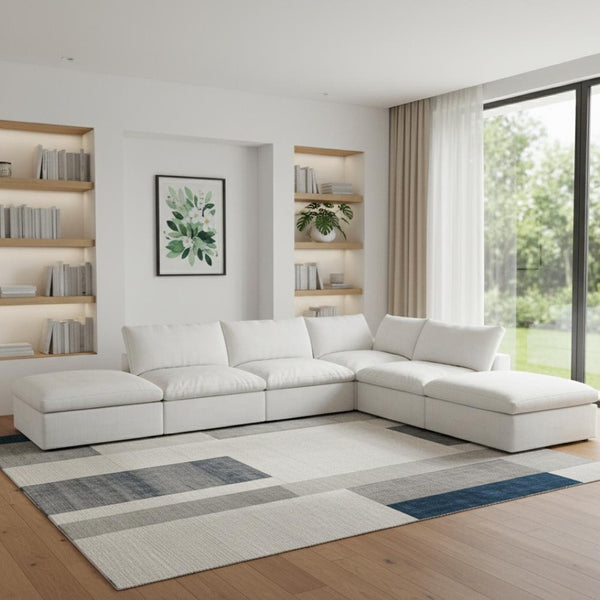 HomeRoots 160" White Linen Blend Modular Sofa with Ottoman, Storage & Flexible Layout for Modern Living 714554