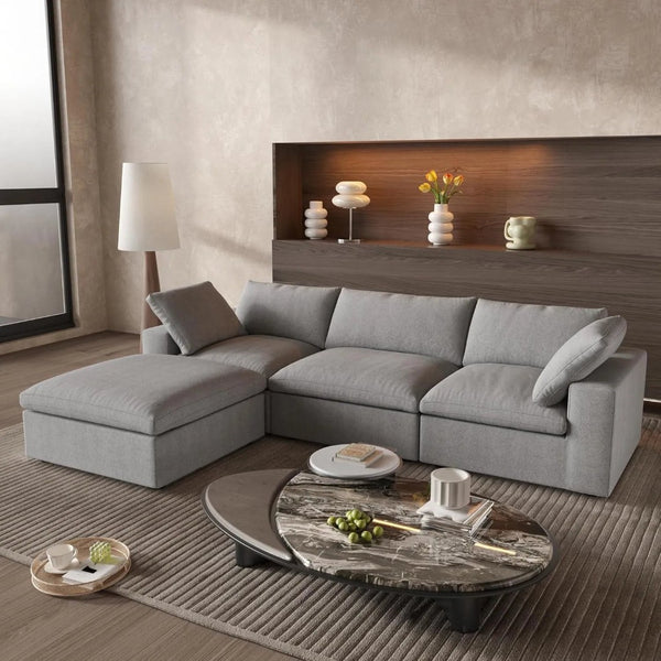 HomeRoots 160" Light Gray Linen Blend Modular Sofa with Ottoman, Storage & Versatile Configurations for Comfort 714557