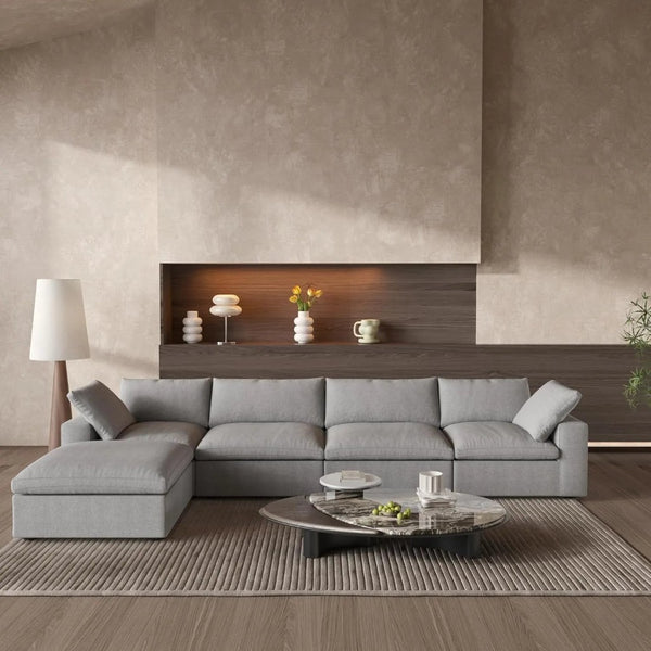 HomeRoots 160" Khaki Linen Blend Modular Sofa with Ottoman - Stylish, Flexible Comfort for Modern Living Spaces 714558