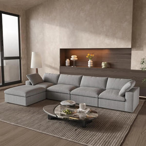 HomeRoots 160" Khaki Linen Blend Modular Sofa with Ottoman - Stylish, Flexible Comfort for Modern Living Spaces 714558
