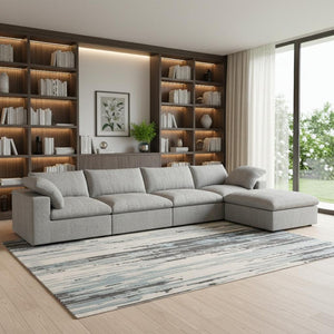 HomeRoots 160" Khaki Linen Blend Modular Sofa with Ottoman - Stylish, Flexible Comfort for Modern Living Spaces 714558