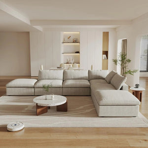 HomeRoots 120" Khaki Linen Blend Modular Sofa with Ottoman & Storage – Stylish Comfort for Modern Living Spaces 714559