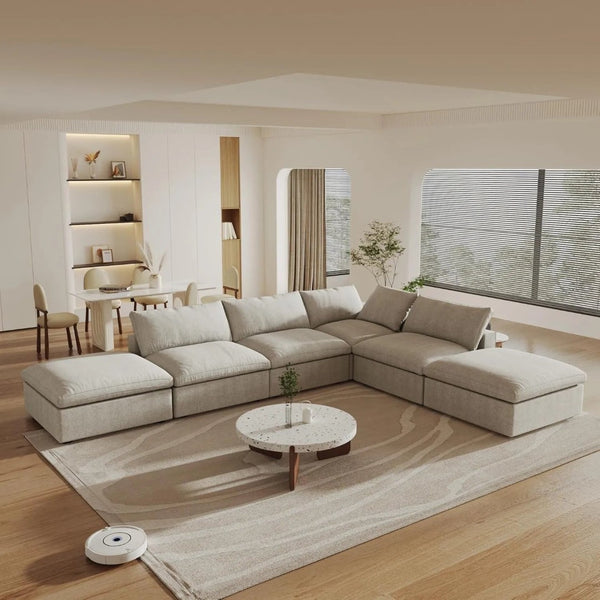 HomeRoots 120" Khaki Linen Blend Modular Sofa with Ottoman & Storage – Stylish Comfort for Modern Living Spaces 714559