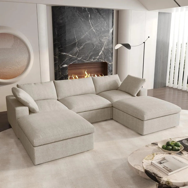 HomeRoots 120" Khaki Linen Blend Modular Sofa with Ottoman & Storage – Versatile Comfort for Modern Living Spaces 714560