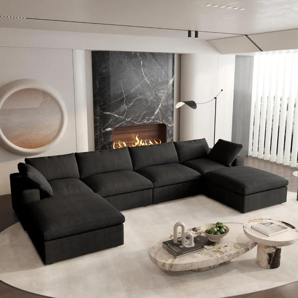 HomeRoots 120" White Linen Blend Modular Sofa Set with Ottoman – Stylish, Versatile Comfort for Your Living Room! 714562
