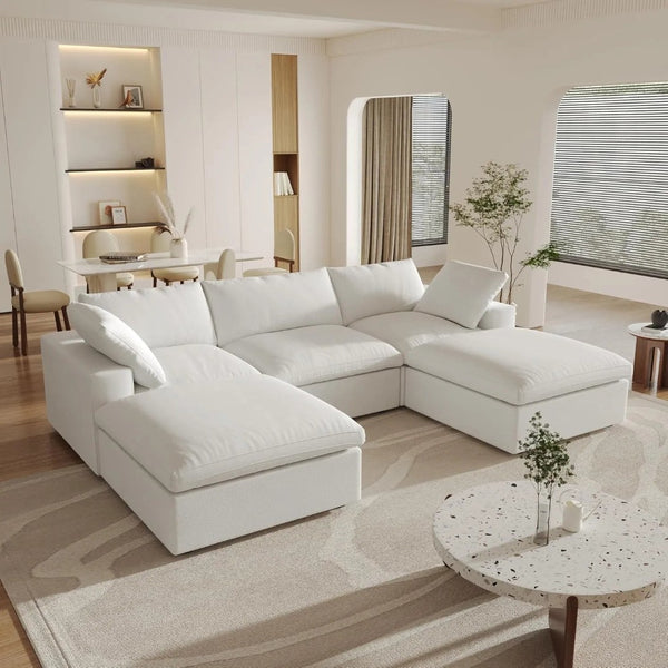 HomeRoots 120" Modern White Linen Blend Modular Sofa Set with Ottoman, Storage & Versatile Design Options 714563