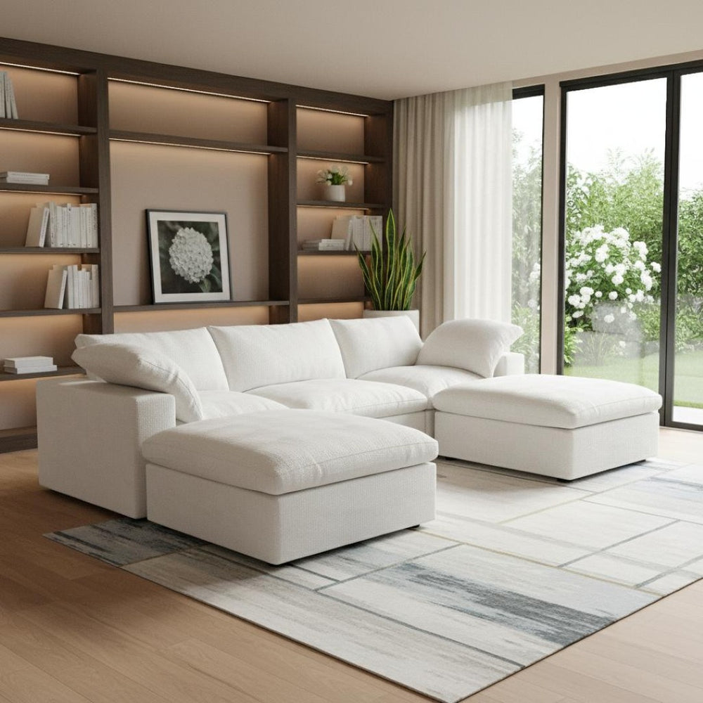 HomeRoots 120" Modern White Linen Blend Modular Sofa Set with Ottoman, Storage & Versatile Design Options 714563