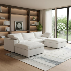 HomeRoots 120" Modern White Linen Blend Modular Sofa Set with Ottoman, Storage & Versatile Design Options 714563