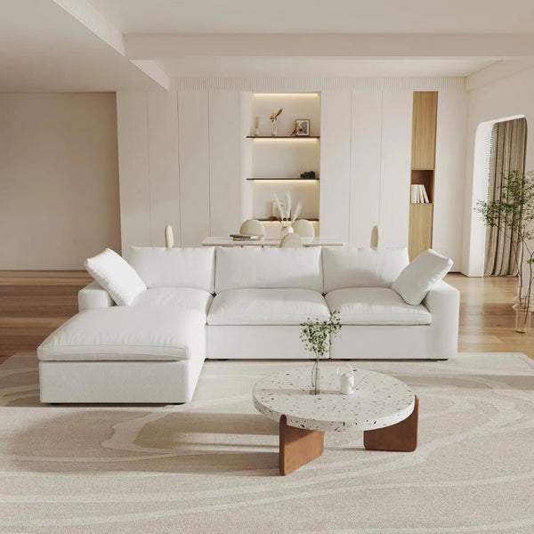 HomeRoots 160" Elegant White Linen Blend Modular Sofa with Storage Ottoman for Versatile Living Room Style 714564