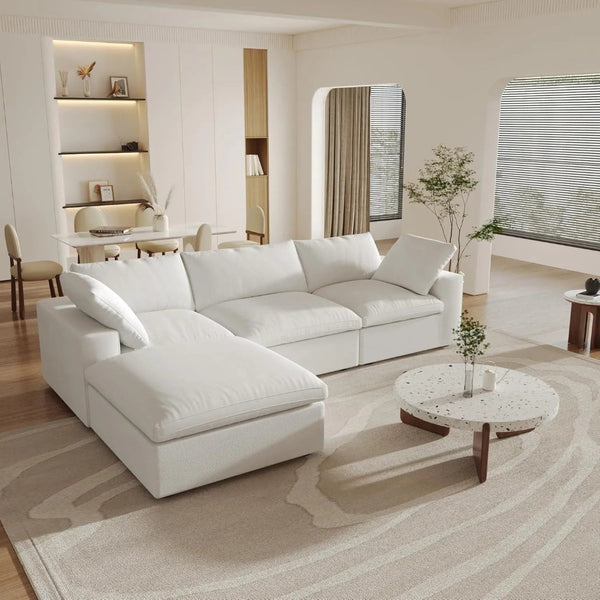 HomeRoots 160" Elegant White Linen Blend Modular Sofa with Storage Ottoman for Versatile Living Room Style 714564
