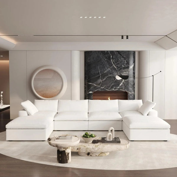 HomeRoots 160" White Linen Blend Modular Sofa with Ottoman - Elegant, Configurable Comfort for Any Living Space 714565