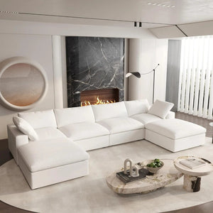 HomeRoots 160" White Linen Blend Modular Sofa with Ottoman - Elegant, Configurable Comfort for Any Living Space 714565