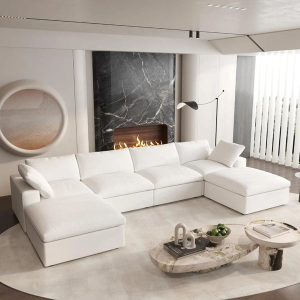 HomeRoots 160" White Linen Blend Modular Sofa with Ottoman - Elegant, Configurable Comfort for Any Living Space 714565