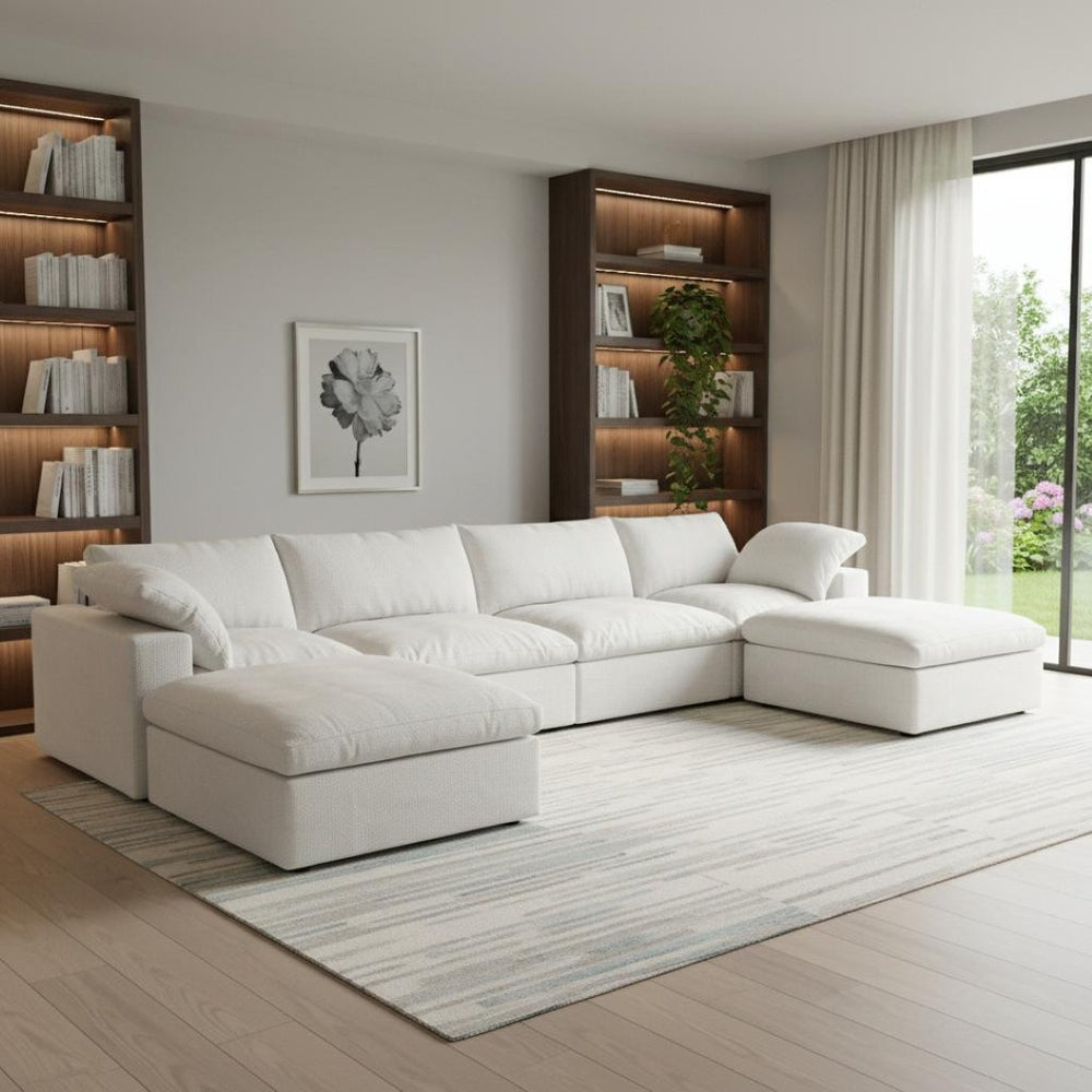 HomeRoots 160" White Linen Blend Modular Sofa with Ottoman - Elegant, Configurable Comfort for Any Living Space 714565