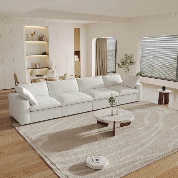 HomeRoots 120" Modern Modular Wood Sofa in White Linen Blend – Stylish, Comfortable & Versatile Living Room Centerpiece 714566