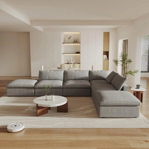 HomeRoots 160" Light Gray Linen Blend Modular Sofa with Ottoman & Storage - Stylish Comfort for Large Spaces 714569