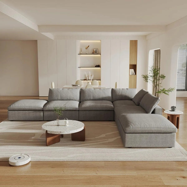 HomeRoots 160" Light Gray Linen Blend Modular Sofa with Ottoman & Storage - Stylish Comfort for Large Spaces 714569
