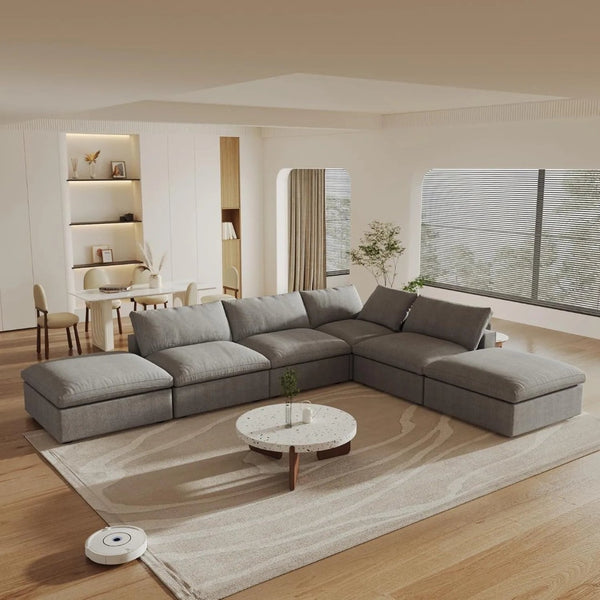 HomeRoots 160" Light Gray Linen Blend Modular Sofa with Ottoman & Storage - Stylish Comfort for Large Spaces 714569