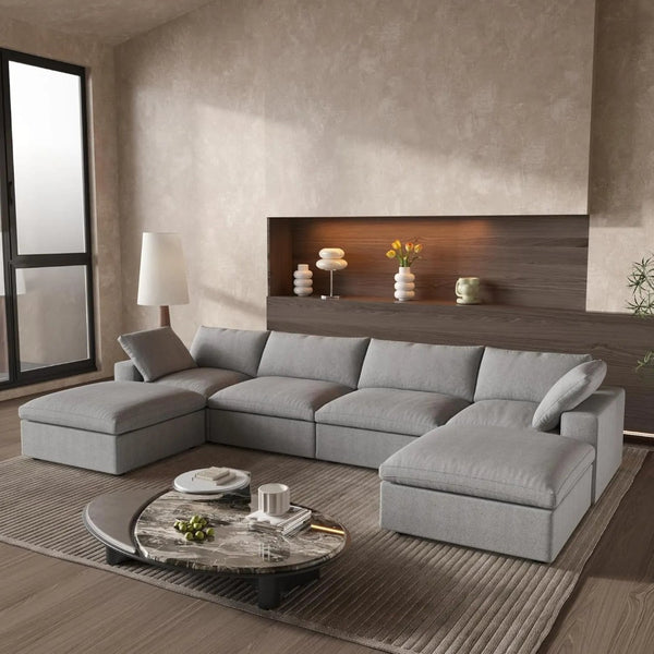 HomeRoots 160" Light Gray Linen Blend Modular Sofa: Versatile Comfort & Style for Modern Living Spaces! 714570