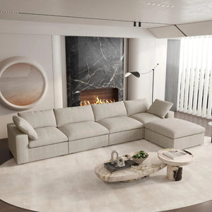 HomeRoots 160" Khaki Linen-Blend Modular Sofa - Stylish, Customizable Seating with Removable Cushions & Ottoman 714574