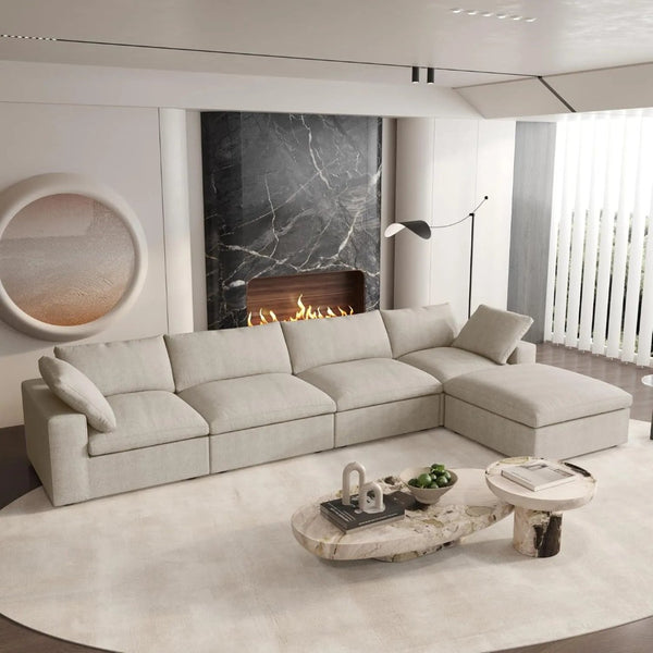 HomeRoots 160" Khaki Linen-Blend Modular Sofa - Stylish, Customizable Seating with Removable Cushions & Ottoman 714574