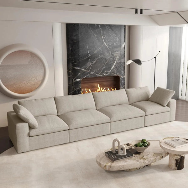 HomeRoots 120" Modern Khaki Linen Blend Modular Sofa - Customizable Comfort for Large Living Spaces and Style 714575
