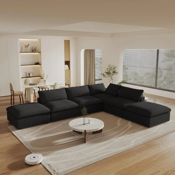 HomeRoots 120" Modern Black Linen Blend Modular Sofa Set with Storage Ottoman for Stylish Living Spaces 714578
