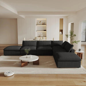 HomeRoots 120" Modern Black Linen Blend Modular Sofa Set with Storage Ottoman for Stylish Living Spaces 714578