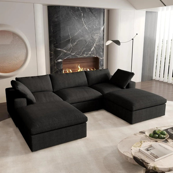 HomeRoots 160" Black Linen Blend Modular Sofa with Versatile Ottoman & Stylish Storage for Modern Living Spaces 714579