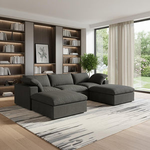HomeRoots 160" Black Linen Blend Modular Sofa with Versatile Ottoman & Stylish Storage for Modern Living Spaces 714579