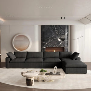 HomeRoots 160" Black Linen Blend Modular Sofa: Sleek Modern Design with Removable Cushions & Versatile Ottoman 714580