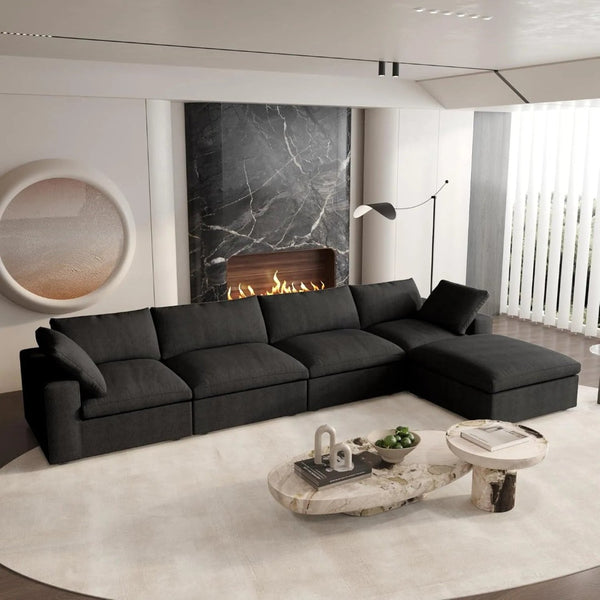 HomeRoots 160" Black Linen Blend Modular Sofa: Sleek Modern Design with Removable Cushions & Versatile Ottoman 714580