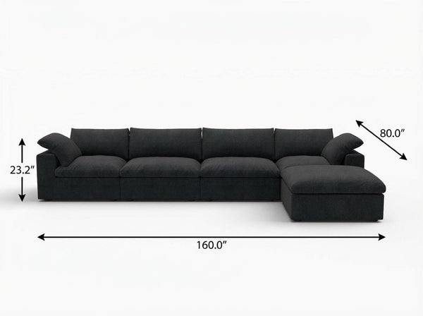 HomeRoots 160" Black Linen Blend Modular Sofa: Sleek Modern Design with Removable Cushions & Versatile Ottoman 714580