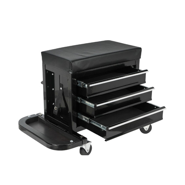 HomeRoots 13" Black Multi-Tier Steel Rolling Cabinet with Cushioned Bench, Secure Storage & Mobility for Tools 714600