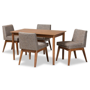 Baxton Studio Baxton Nexus 5-Piece Mid-Century Modern Dining Set with Gravel Upholstery & Walnut Finish Comfort BBT5280-Gravel/Walnut-5PC Dining Set