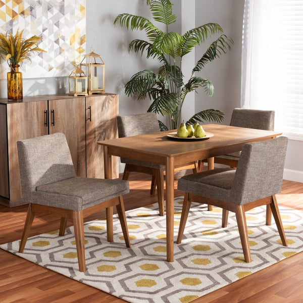 Baxton Studio Baxton Nexus 5-Piece Mid-Century Modern Dining Set with Gravel Upholstery & Walnut Finish Comfort BBT5280-Gravel/Walnut-5PC Dining Set