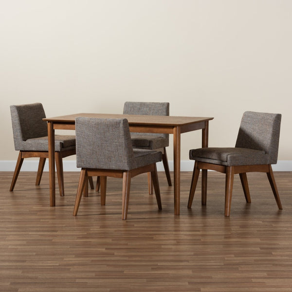Baxton Studio Baxton Nexus 5-Piece Mid-Century Modern Dining Set with Gravel Upholstery & Walnut Finish Comfort BBT5280-Gravel/Walnut-5PC Dining Set