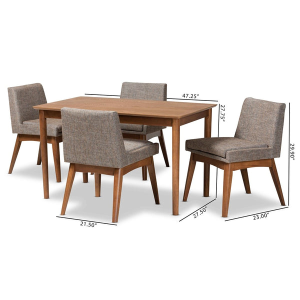 Baxton Studio Baxton Nexus 5-Piece Mid-Century Modern Dining Set with Gravel Upholstery & Walnut Finish Comfort BBT5280-Gravel/Walnut-5PC Dining Set