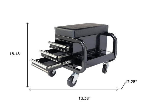 HomeRoots 15" Black Multi-Tier Steel Rolling Cabinet - Durable, Mobile Storage with Cushioned Bench & Secure Lid 714601