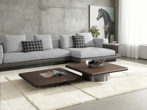 HomeRoots 39" Modern Square Pedestal Coffee Table in Brown Wood & Silver Stainless Steel for Stylish Interiors 714607